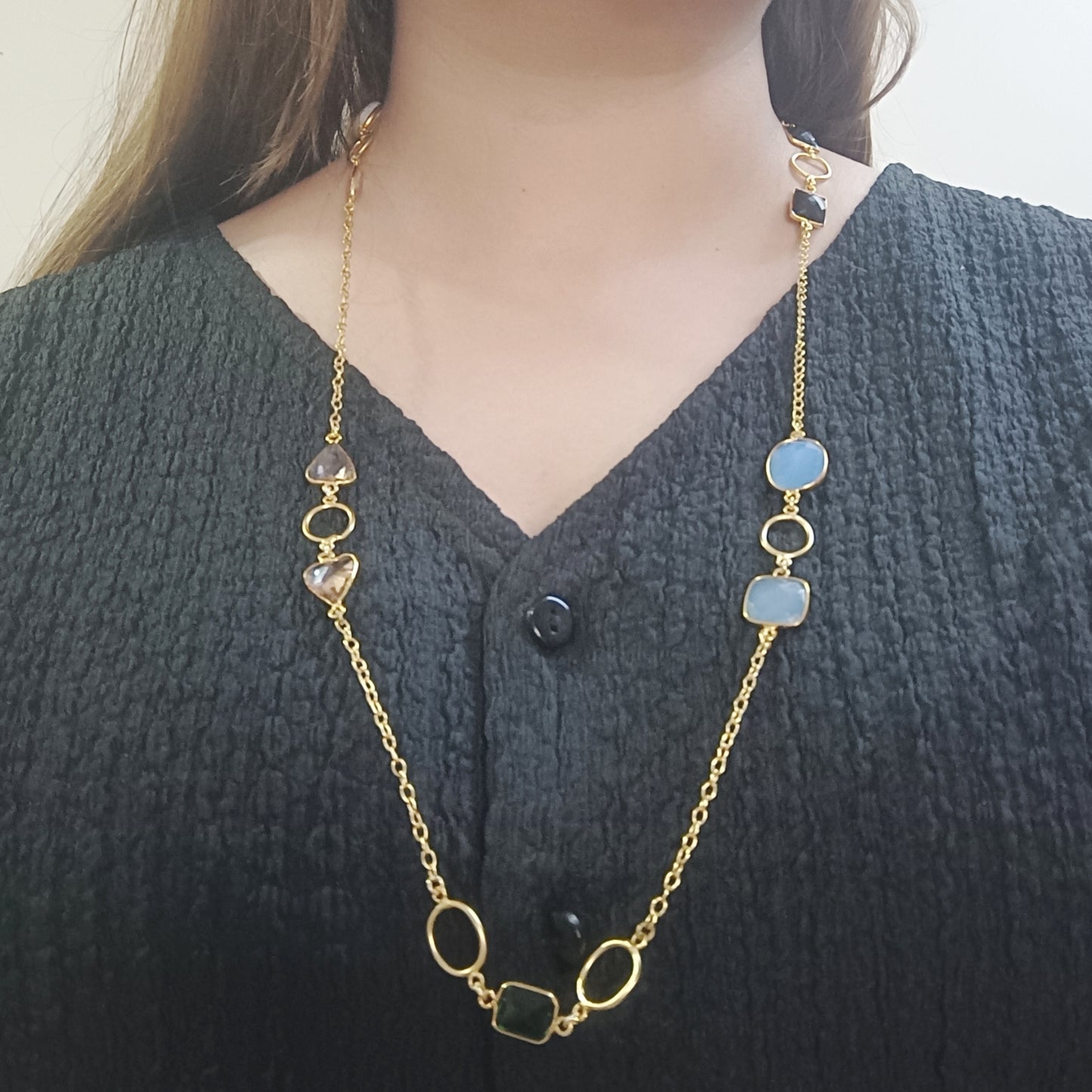 Agate Mix Stone Long Chain Necklace (Gold-Plated Brass)