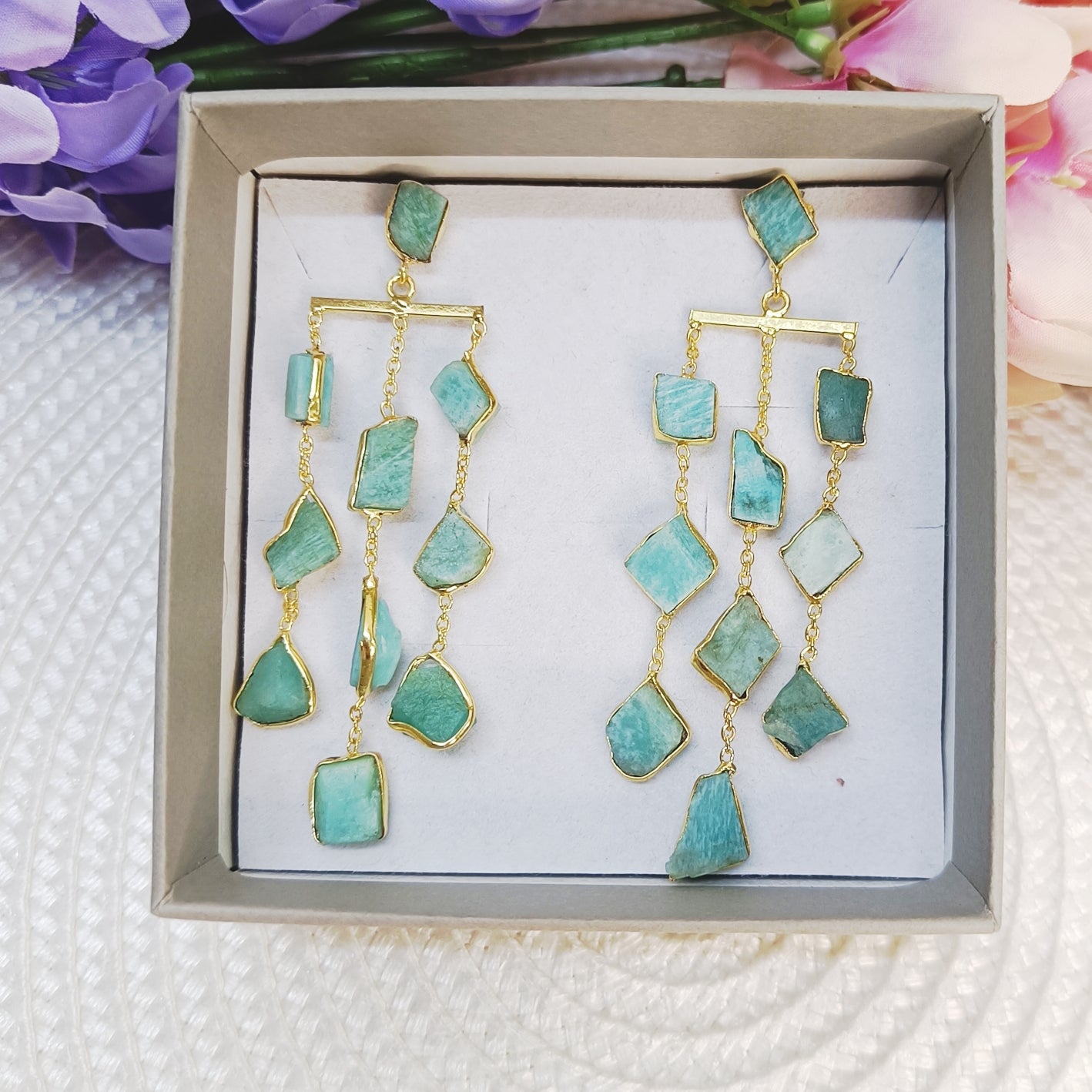Amazonite Waterfall Earrings – handcrafted statement gemstone earrings