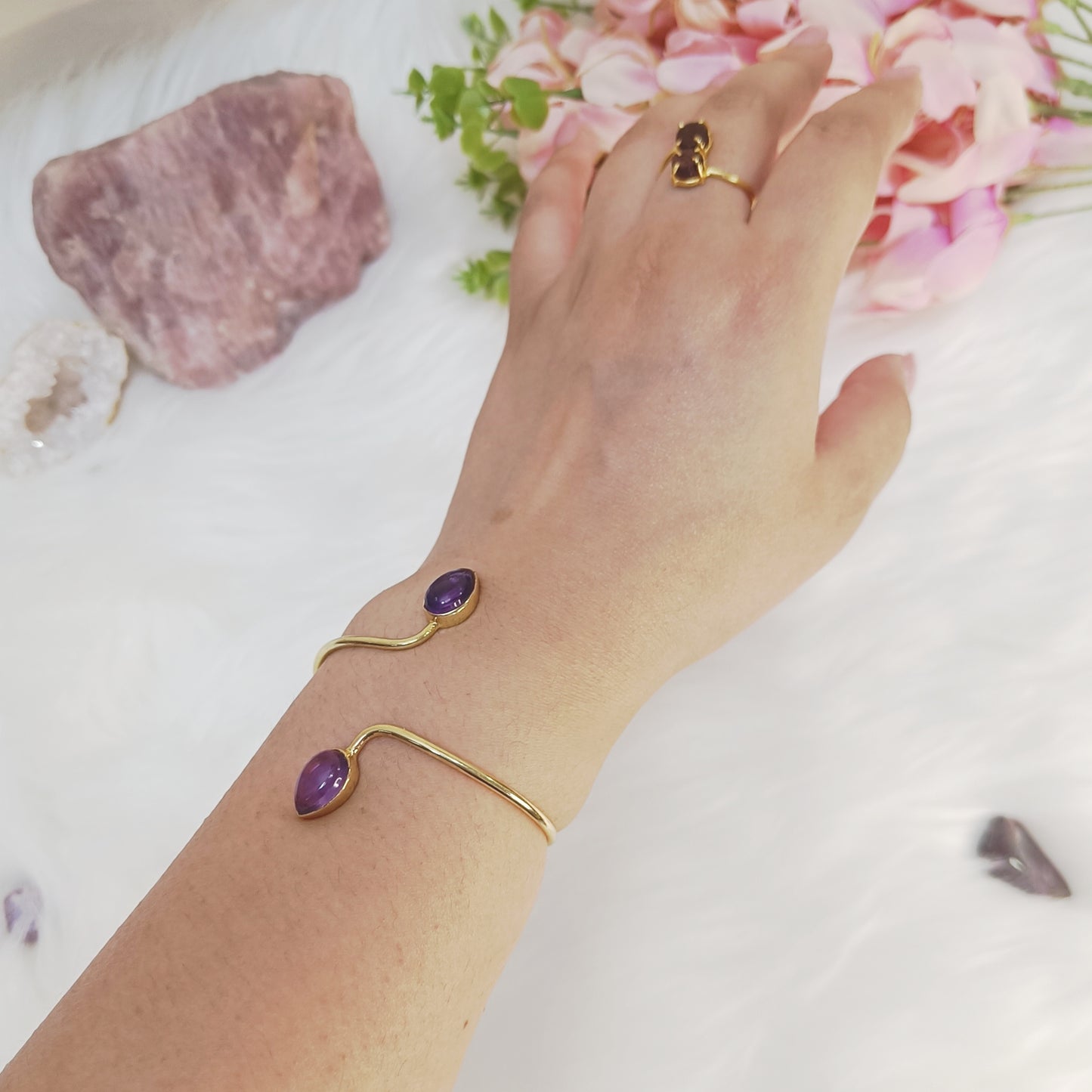 Amethyst Double Stone Adjustable Bangle (Gold-Plated Sterling Silver 925)