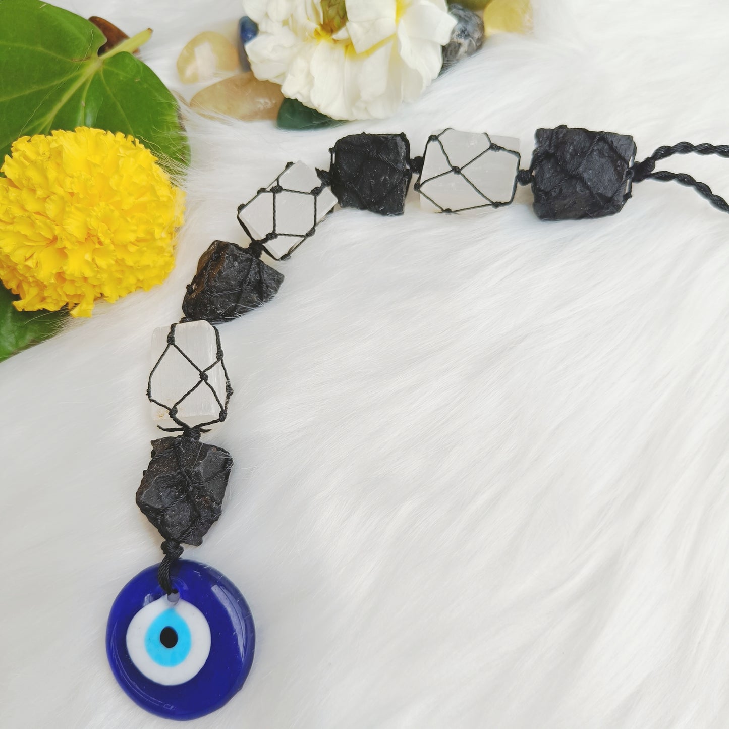 Selenite and Black Tourmaline Hanging for Protection & Energy Clearing