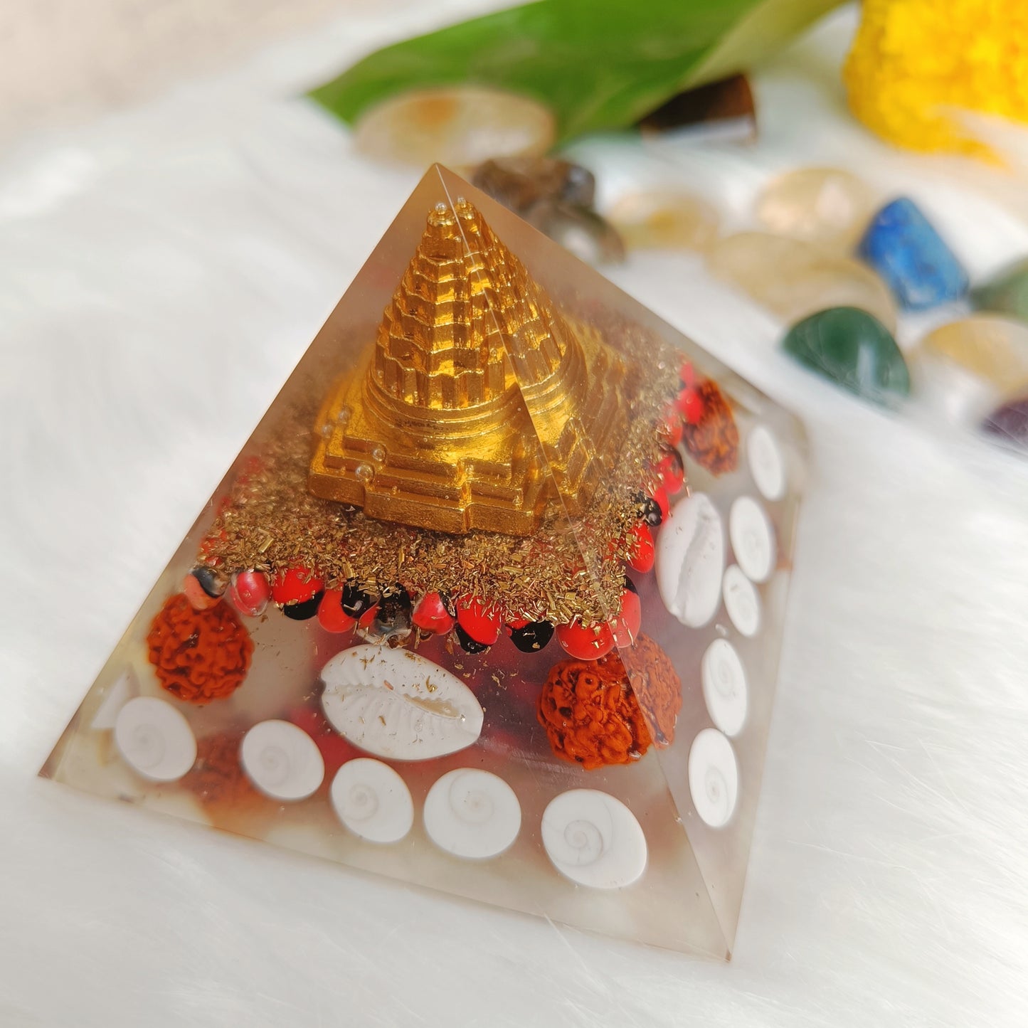 Shree Yantra Orgone Pyramid with Rudraksh & Gunja Seeds