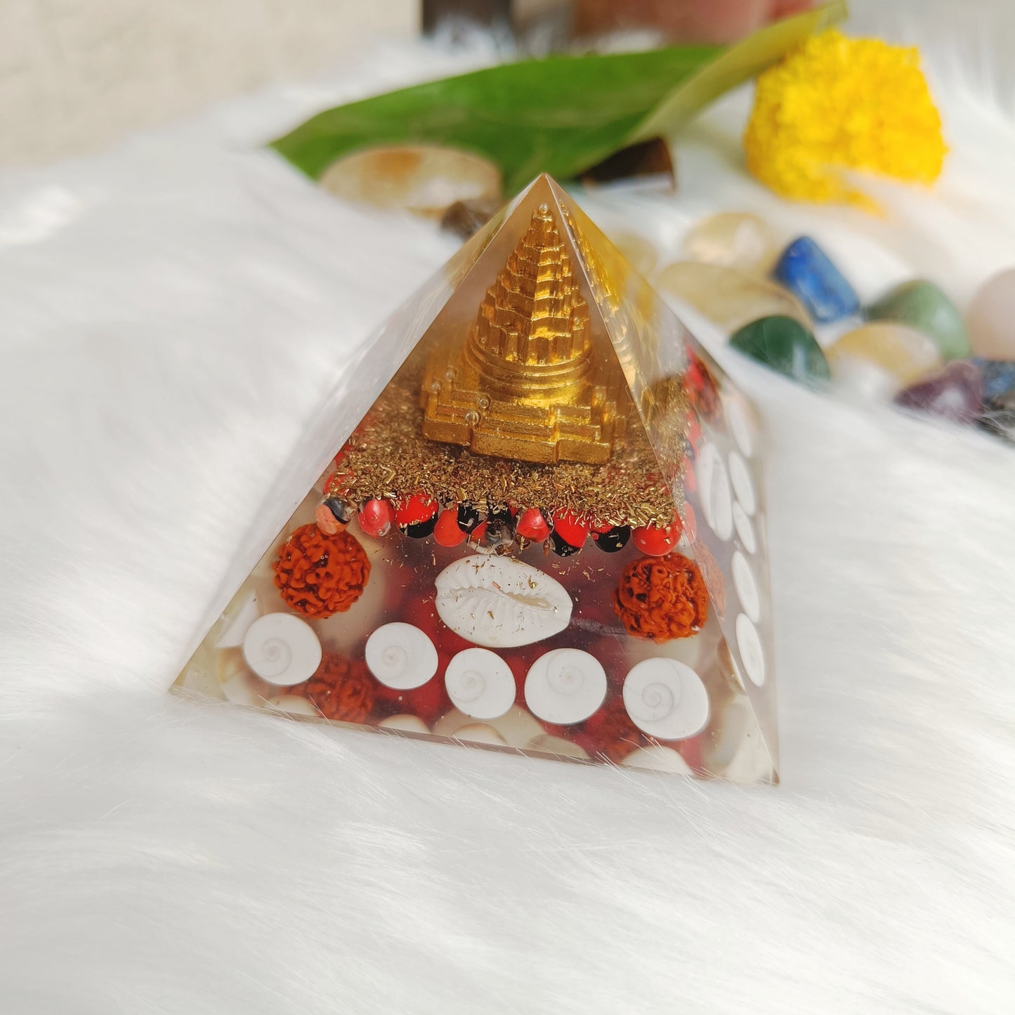 Shree Yantra Orgone Pyramid with Rudraksh & Gunja Seeds