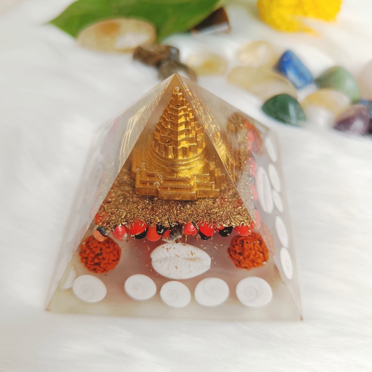 Shree Yantra Orgone Pyramid with Rudraksh & Gunja Seeds