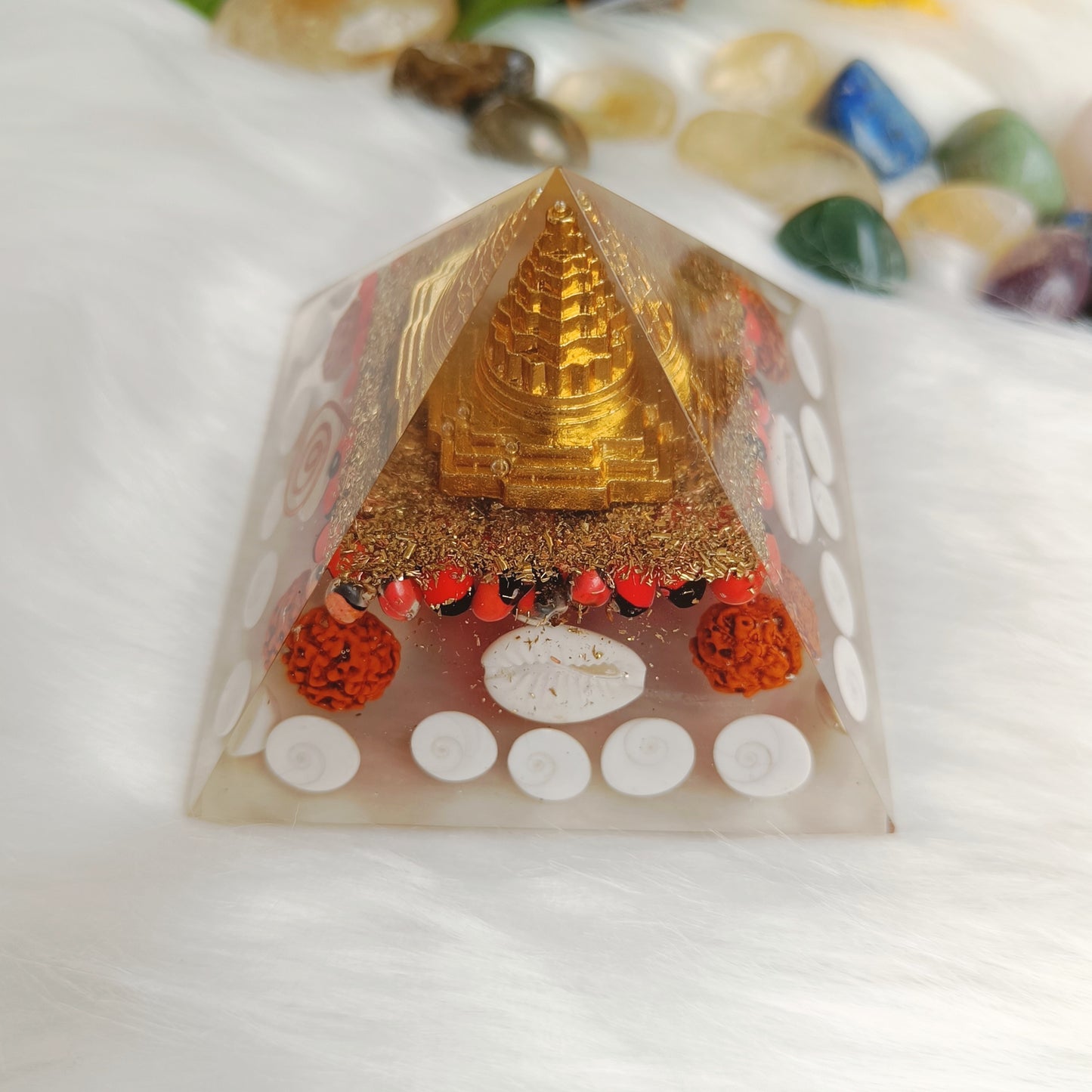 Shree Yantra Orgone Pyramid with Rudraksh & Gunja Seeds (3*2.5 inch)