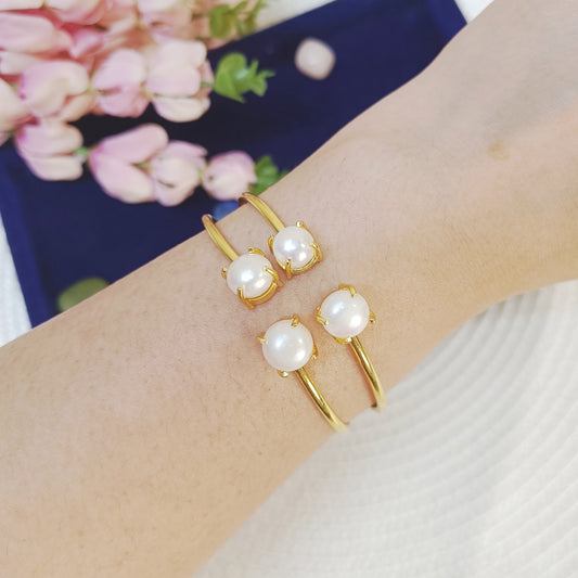 Gold plated brass real freshwater pearl double cuff bangle - a statement piece with four real freshwater pearls