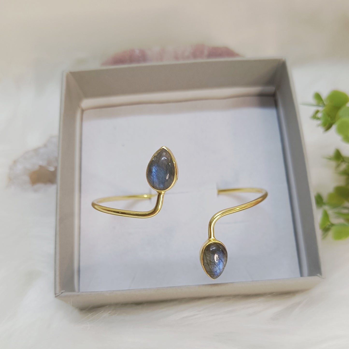 Labradorite Double Stone Adjustable Bangle (Gold-Plated Sterling Silver 925)