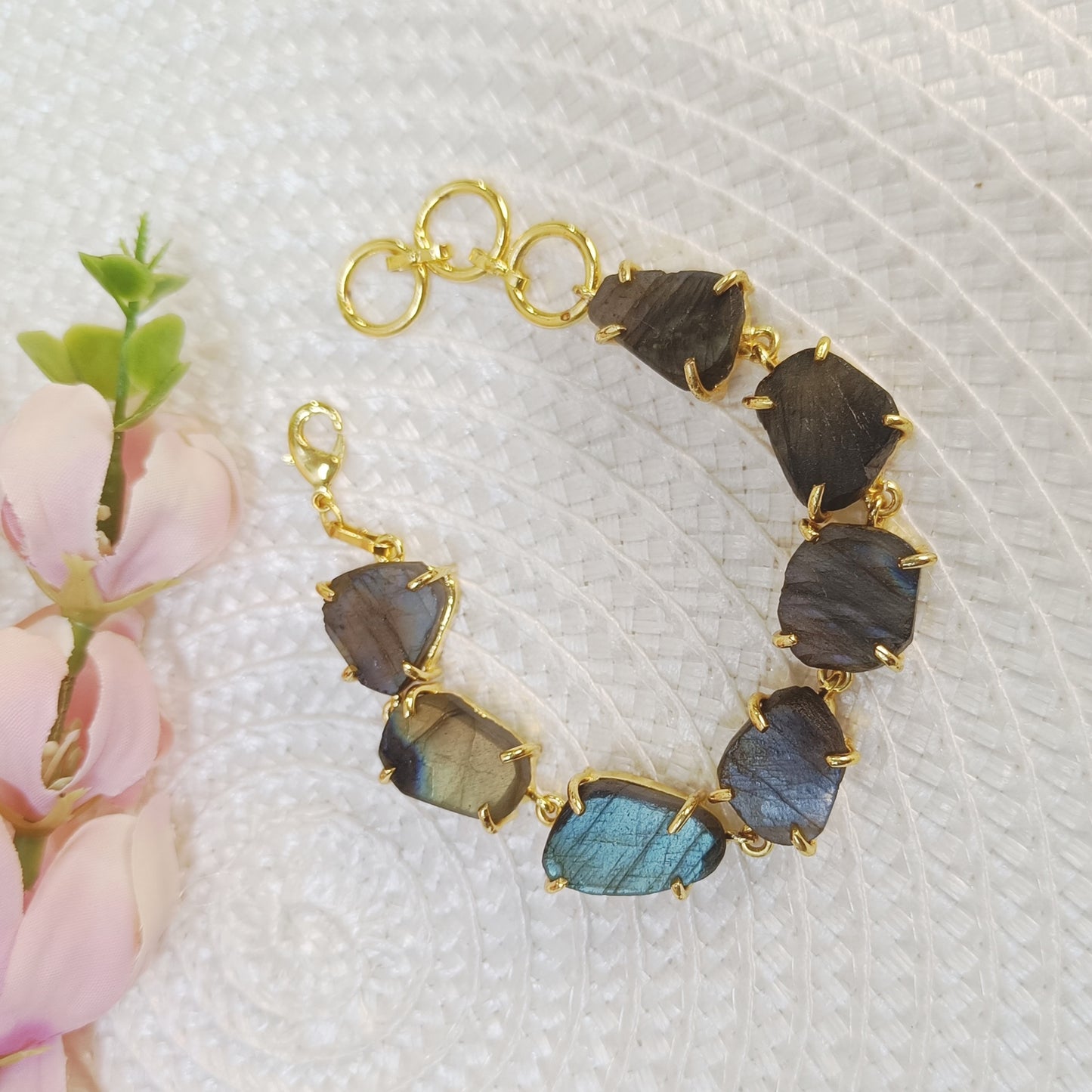 shiny labradorite brass bracelet with seven gemstones