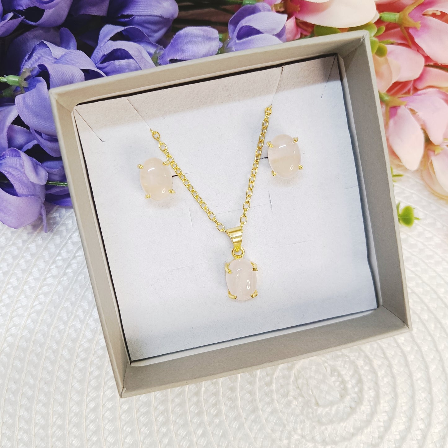 Rose quartz pendant necklace on model – minimalist pink natural stone jewellery