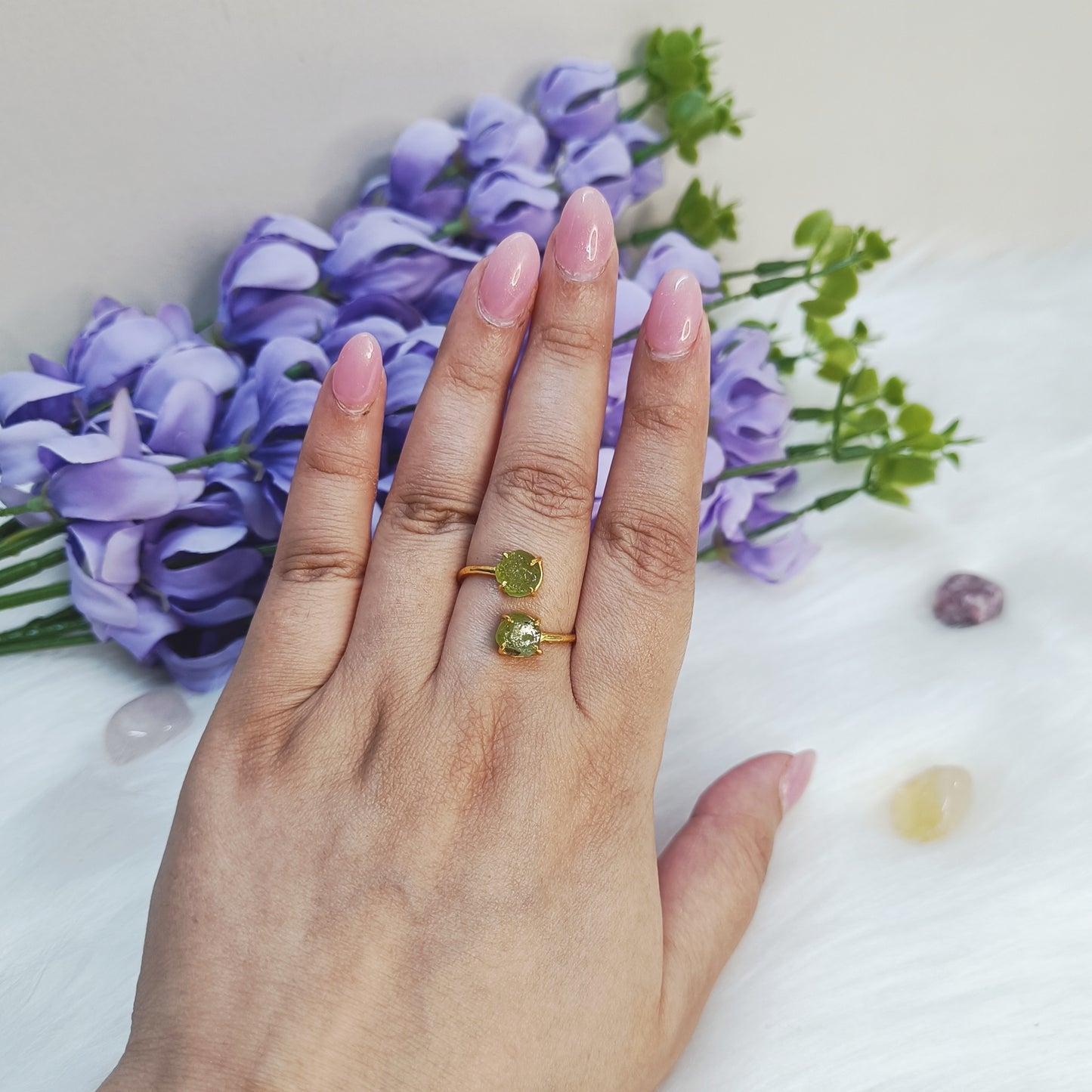 Raw Double Stone Peridot Ring in Sterling Silver 925