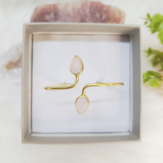 Rose Quartz Double Stone Adjustable Bangle (Gold-Plated Sterling Silver 925)