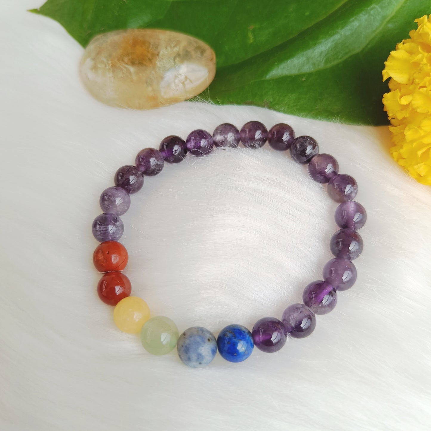 Amethyst bracelet with 7 Chakra Crystals - Amethyst  bracelet for calm, focus and wellness. Real amethyst crystal bracelet.