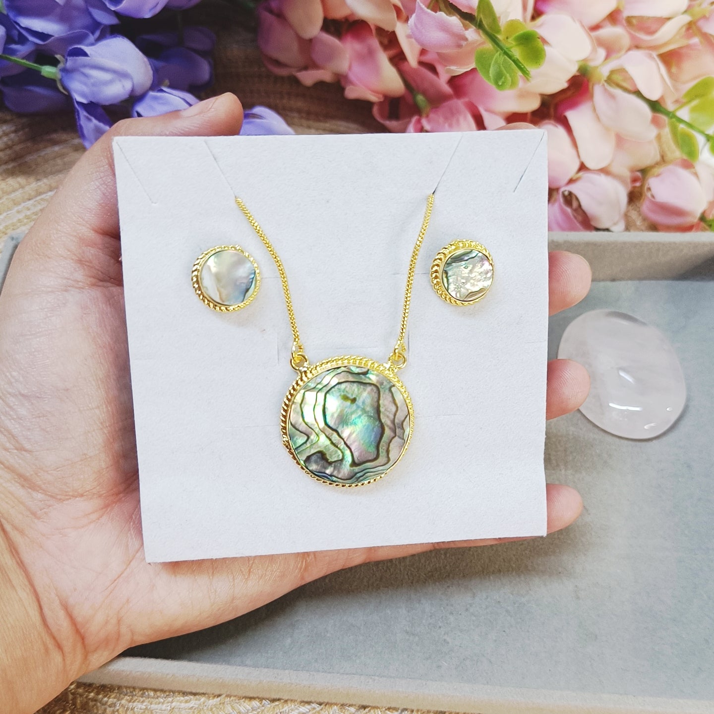 Abalone Shell Pendant Set – Gold Plated Necklace & Earrings | Ocean-Inspired Statement Jewellery by Gemsara