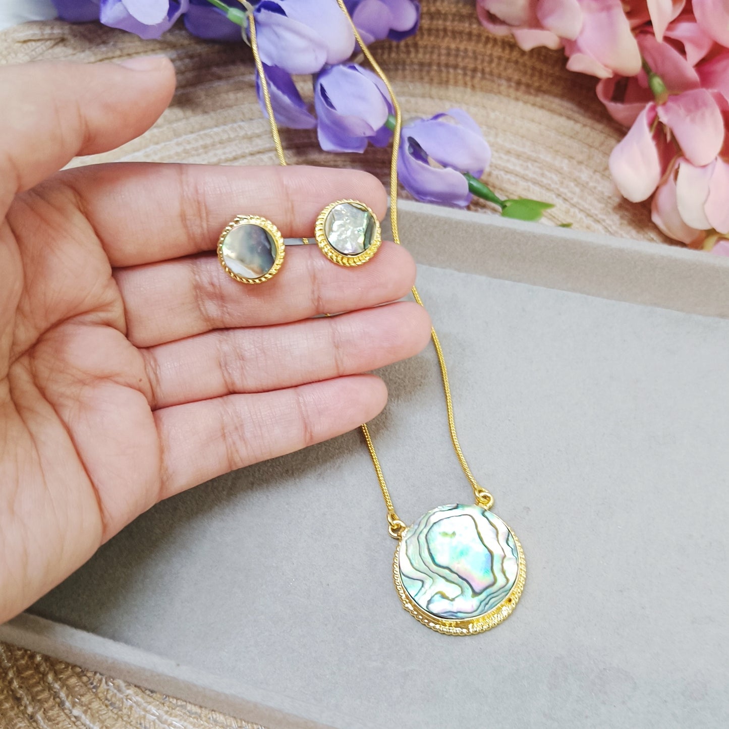 Abalone Shell Pendant Set – Gold Plated Necklace & Earrings | Ocean-Inspired Statement Jewellery by Gemsara