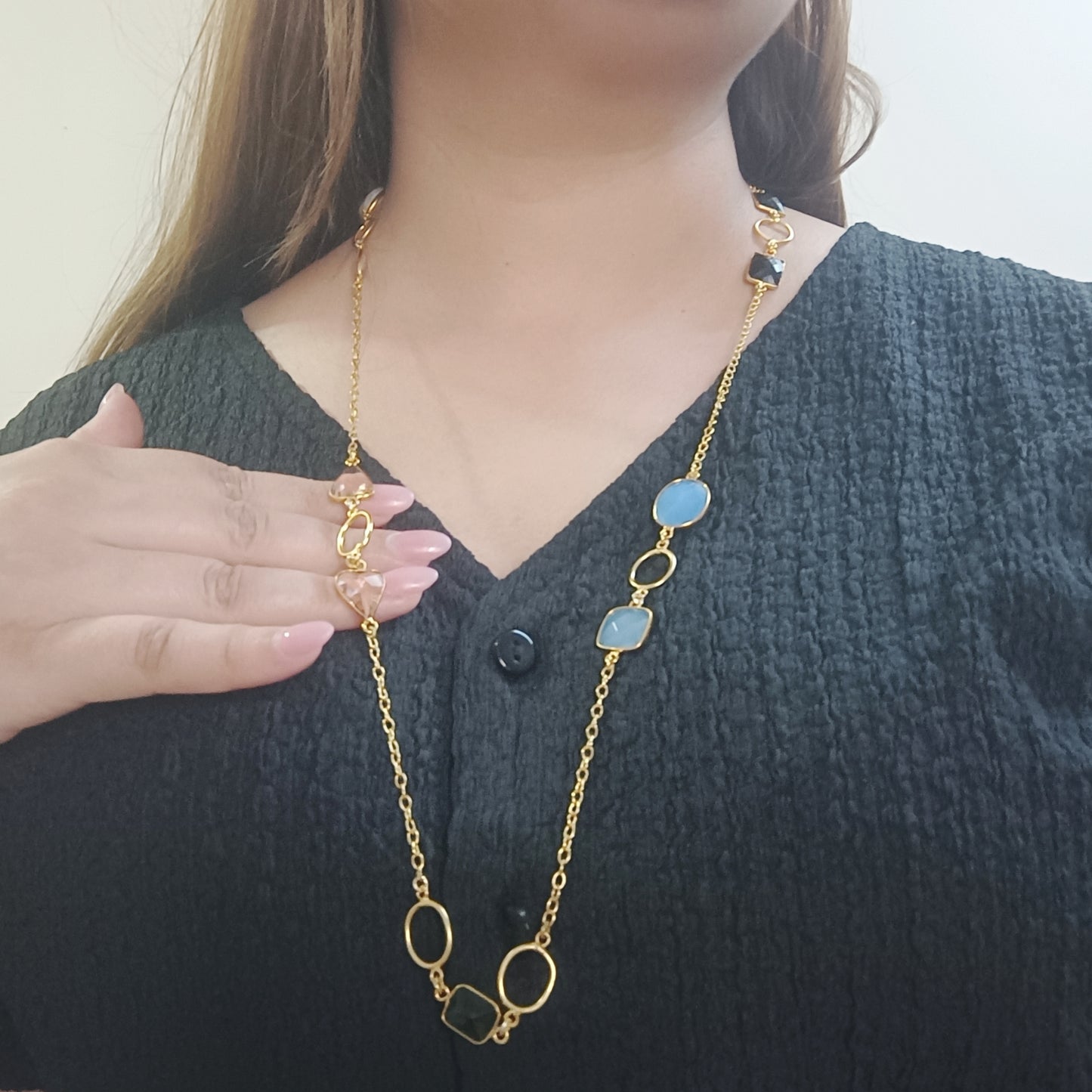 Agate Mix Stone Long Chain Necklace (Gold-Plated Brass)