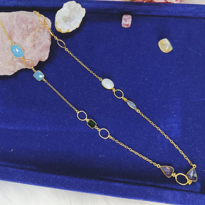 Agate Mix Stone Long Chain Necklace (Gold-Plated Brass)