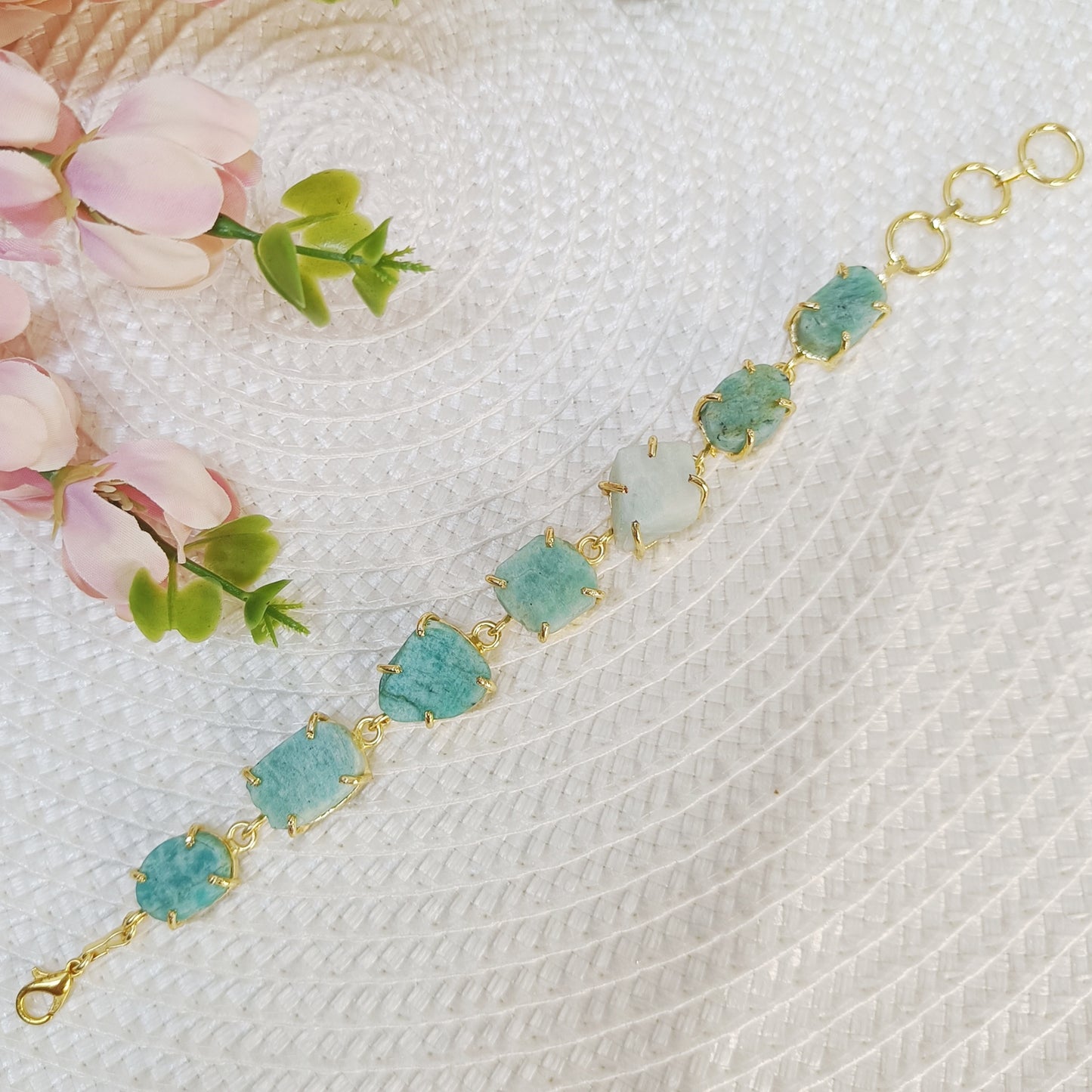 Natural Amazonite brass bracelet featuring seven raw uncut stones - A classy sky blue natural stone bracelet.