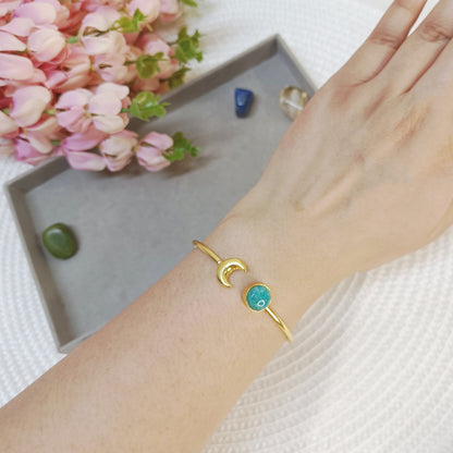 Gold-plated cuff bracelet with Amazonite and brass moon charm - handmade blue stone brass bracelet