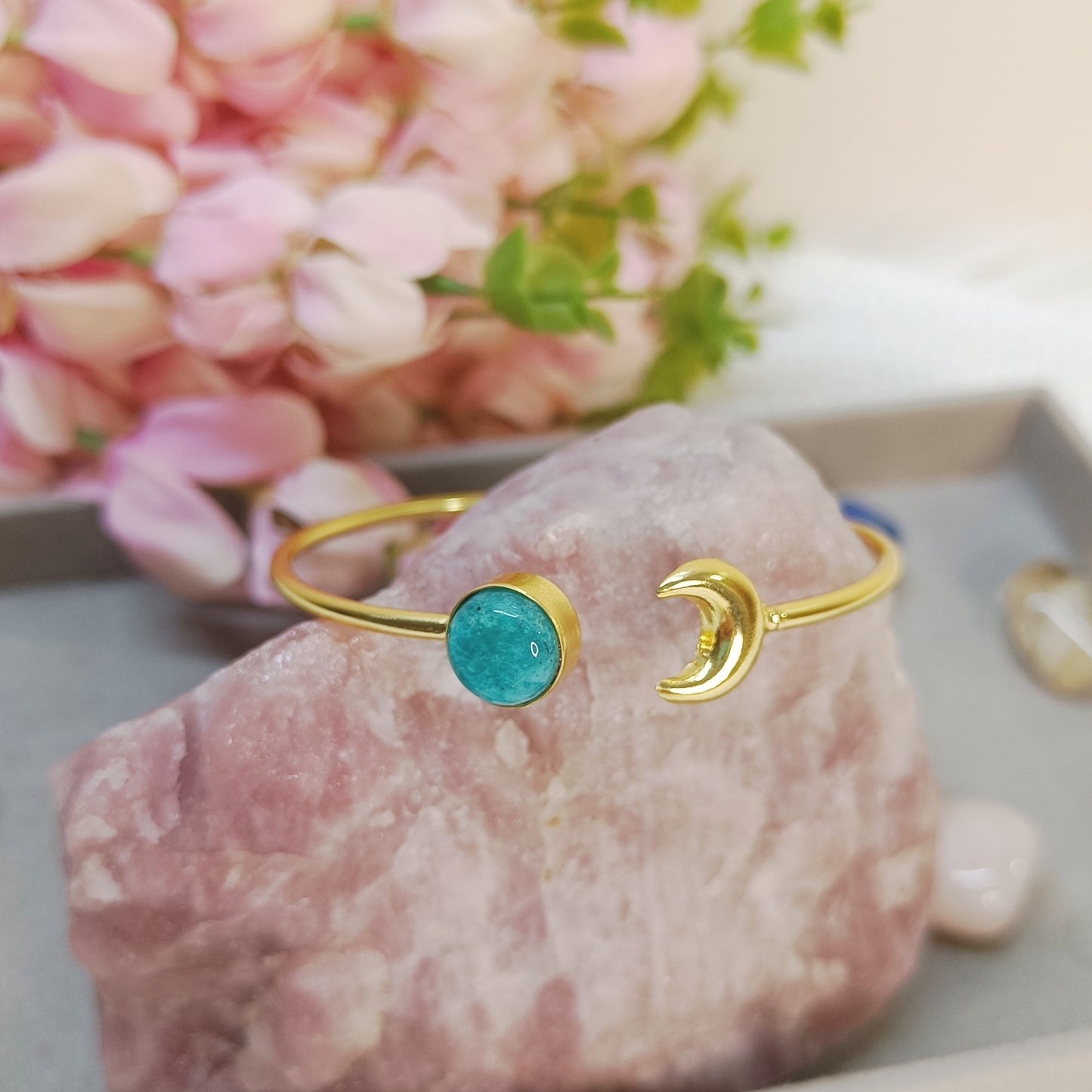 Gold-plated cuff bracelet with Amazonite and brass moon charm 