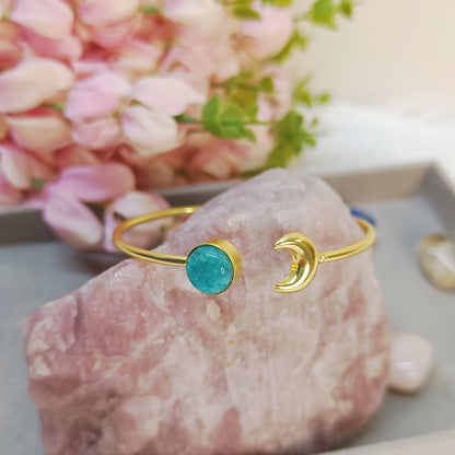 Gold-plated cuff bracelet with Amazonite and brass moon charm 
