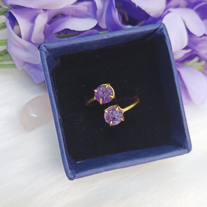 Raw Double Stone Amethyst Ring in Sterling Silver 925