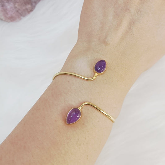 Amethyst Double Stone Adjustable Bangle (Gold-Plated Sterling Silver 925)
