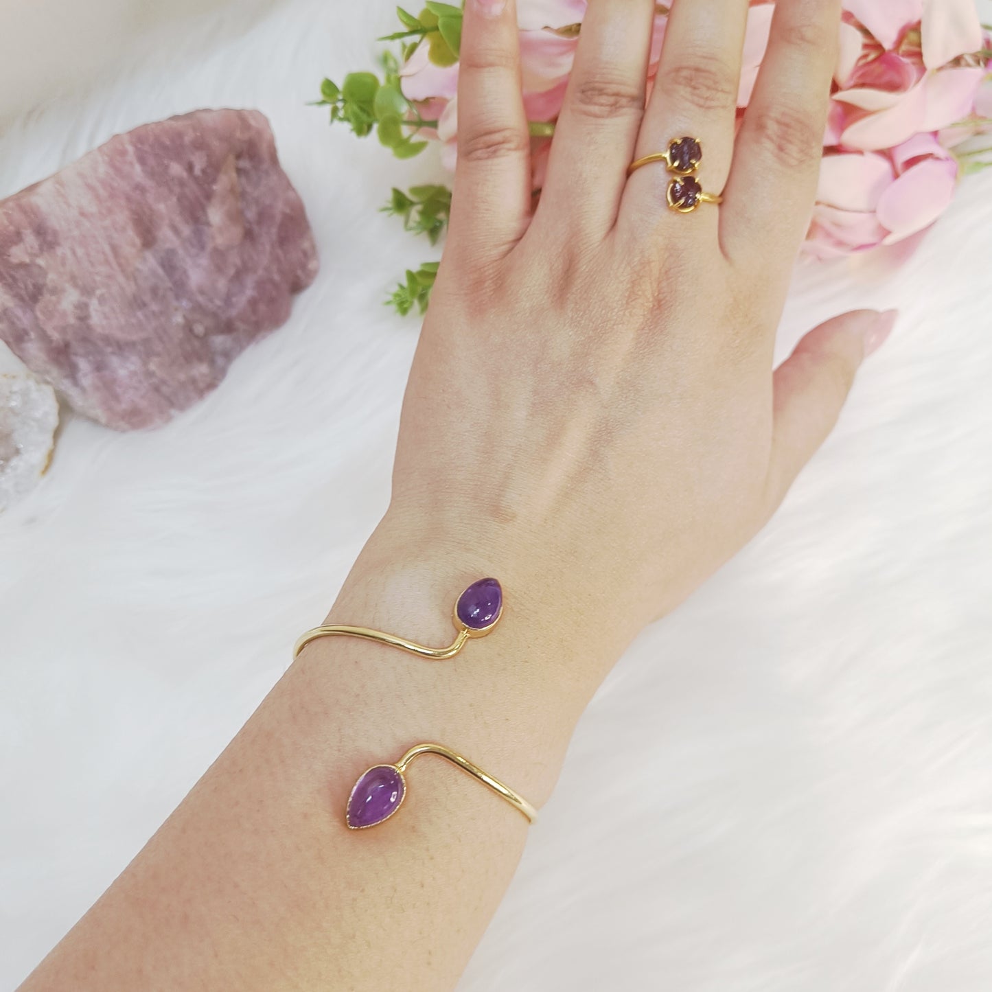 Amethyst Double Stone Adjustable Bangle (Gold-Plated Sterling Silver 925)