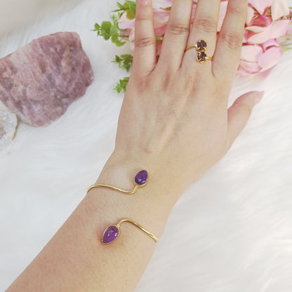 Amethyst Double Stone Adjustable Bangle (Gold-Plated Sterling Silver 925)