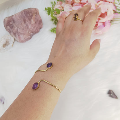 Amethyst Double Stone Adjustable Bangle (Gold-Plated Sterling Silver 925)