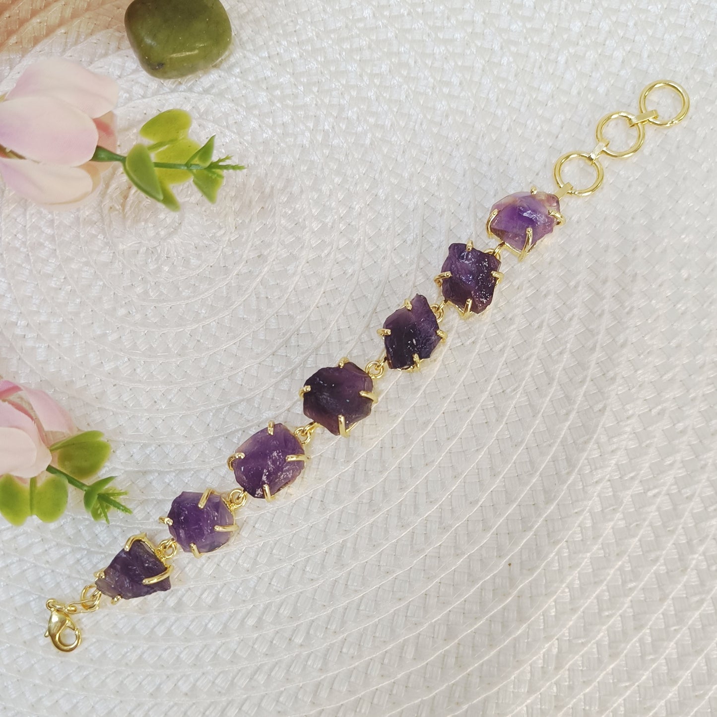 Natural Amethyst brass bracelet featuring seven raw uncut stones - A classy purple gemstone brass bracelet.