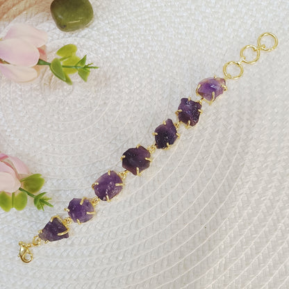 Natural Amethyst brass bracelet featuring seven raw uncut stones - A classy purple gemstone brass bracelet.
