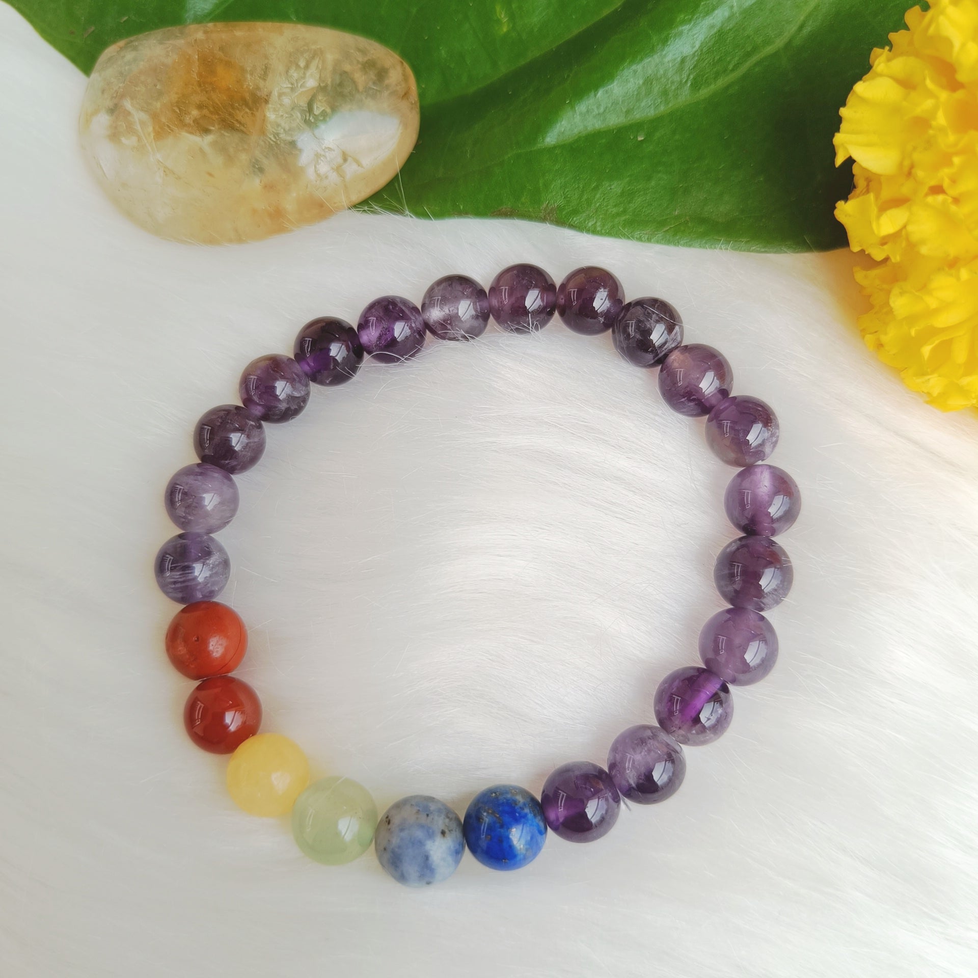Amethyst bracelet with 7 Chakra Crystals - Amethyst  bracelet for calm, focus and wellness. Real amethyst crystal bracelet.