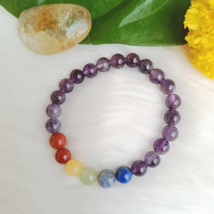 Amethyst with 7 Chakra Crystals - Amethyst  bracelet for calm, focus and wellness. Natural amethyst bracelet.