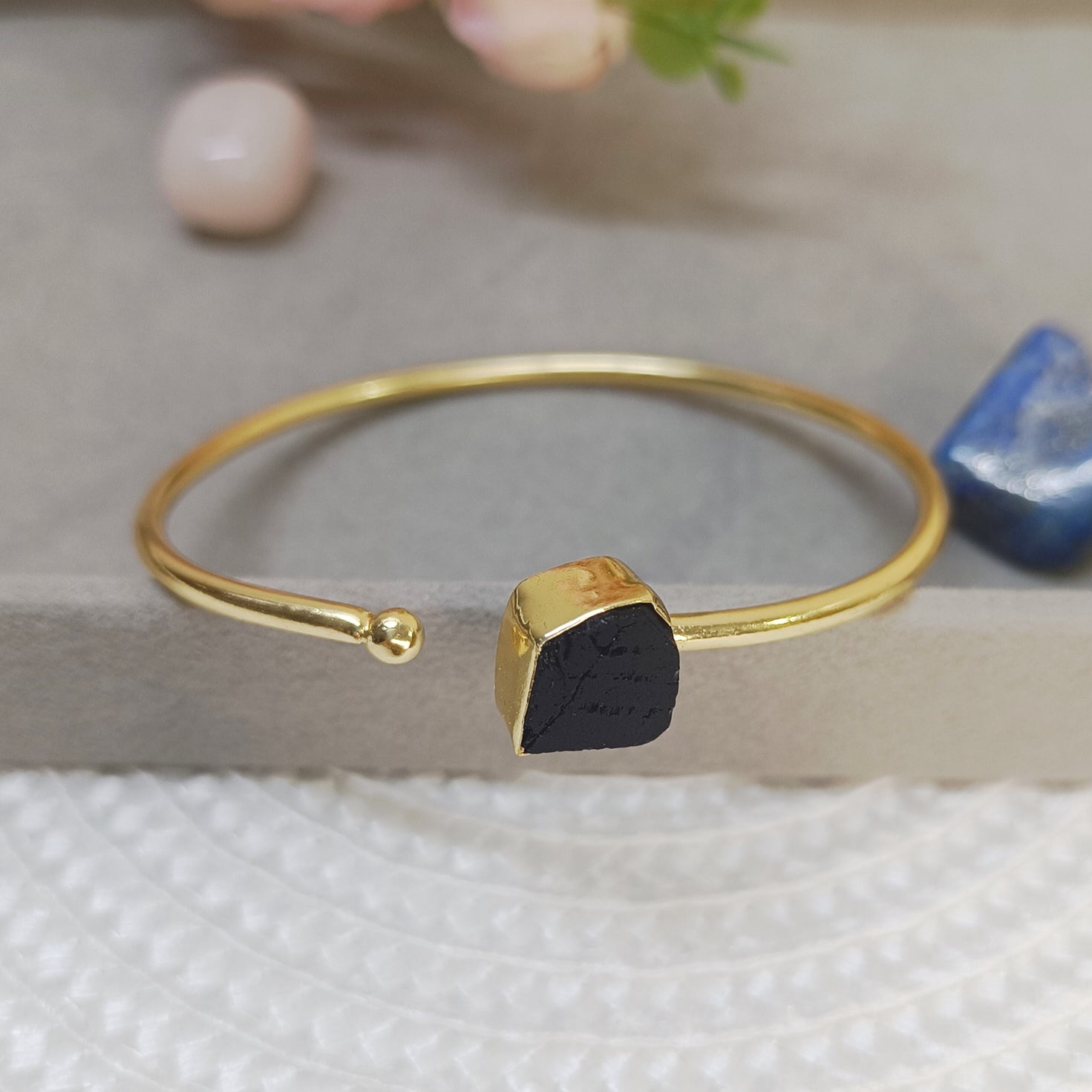 Raw black Tourmaline cuff bangle in golden brass, adjustable natural crystal bracelet with black stone
