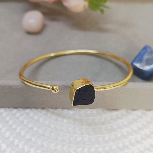 Raw black Tourmaline cuff bangle in golden brass, adjustable natural crystal bracelet with black stone
