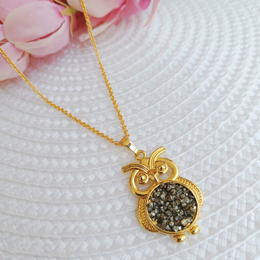 Raw Pyrite Owl Necklace – Strength, Strategy and Prosperity