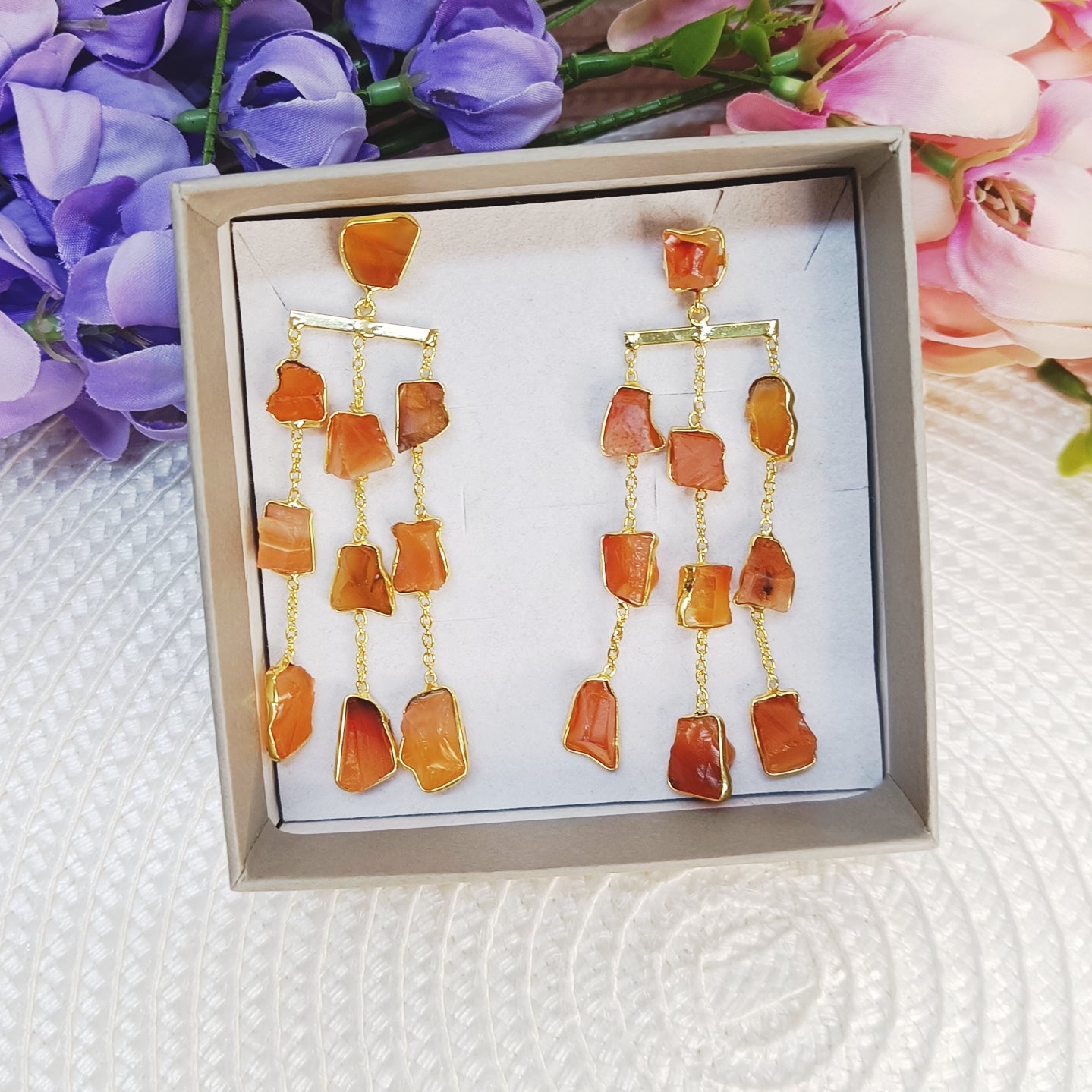 Orange stone statement earrings, Carnelian waterfall earring