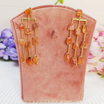 Festive wear carnelian earrings for women — gold waterfall orange stone earrings