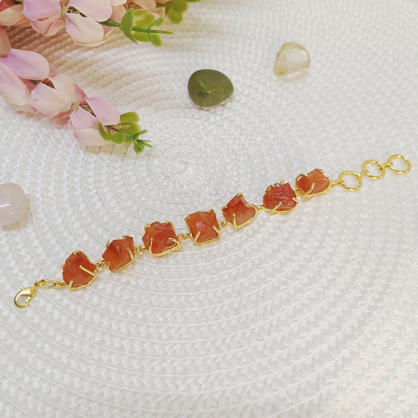 Natural Carnelian brass bracelet featuring seven raw uncut stones - A classy orange natural stone bracelet.