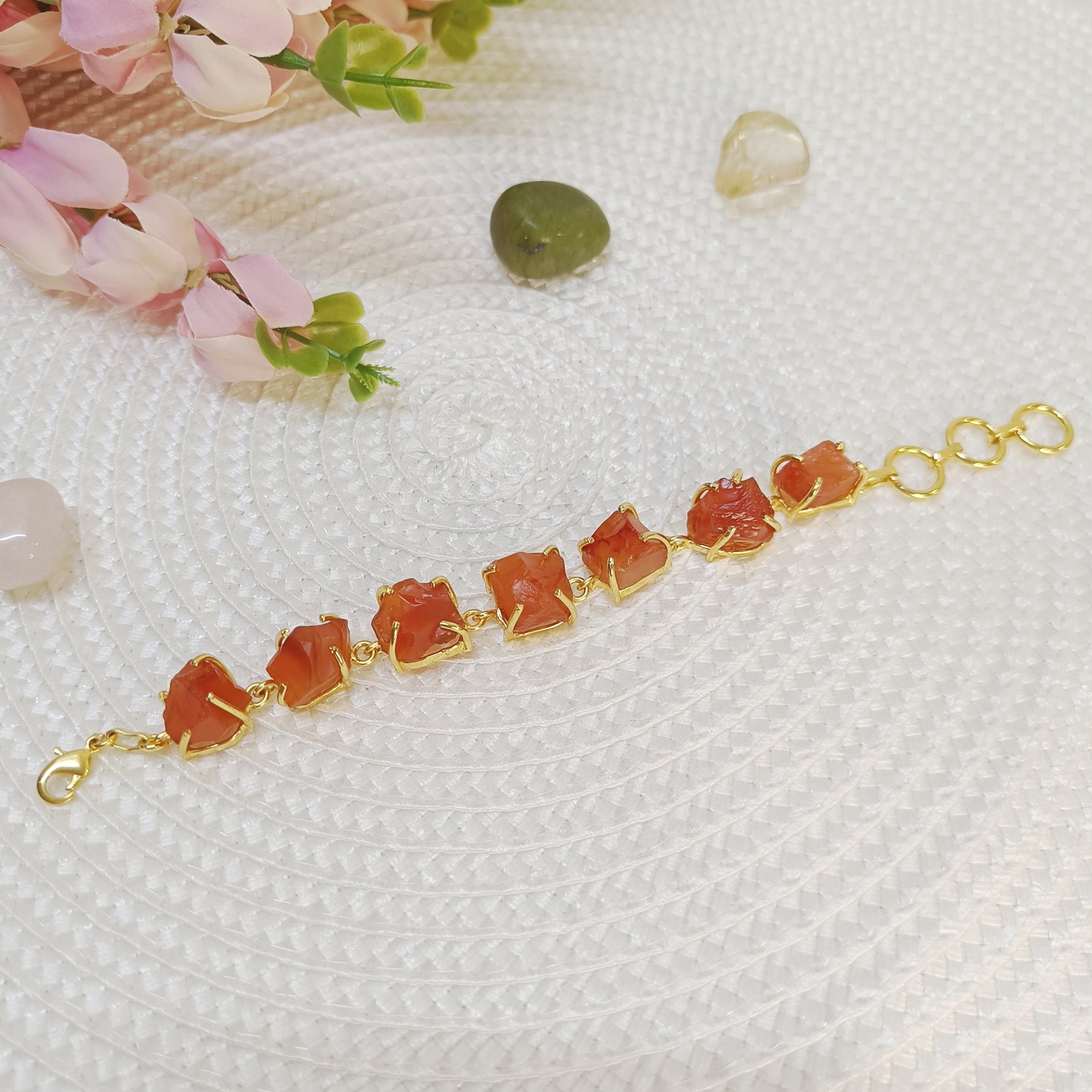 Natural Carnelian brass bracelet featuring seven raw uncut stones - A classy orange natural stone bracelet.