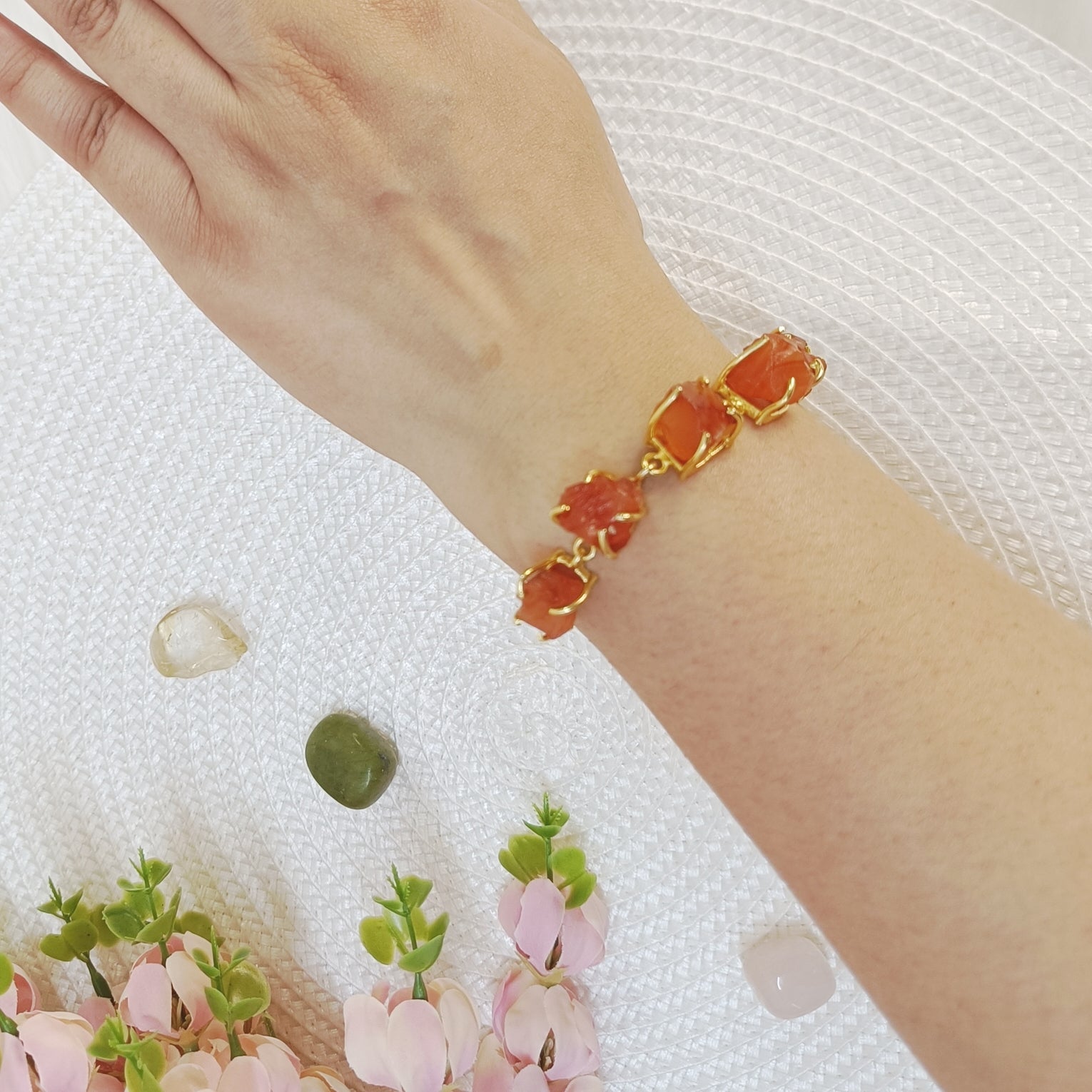 raw carnelian brass bracelet, raw crystal brass bracelet on wrist - Orange natural stone bracelet