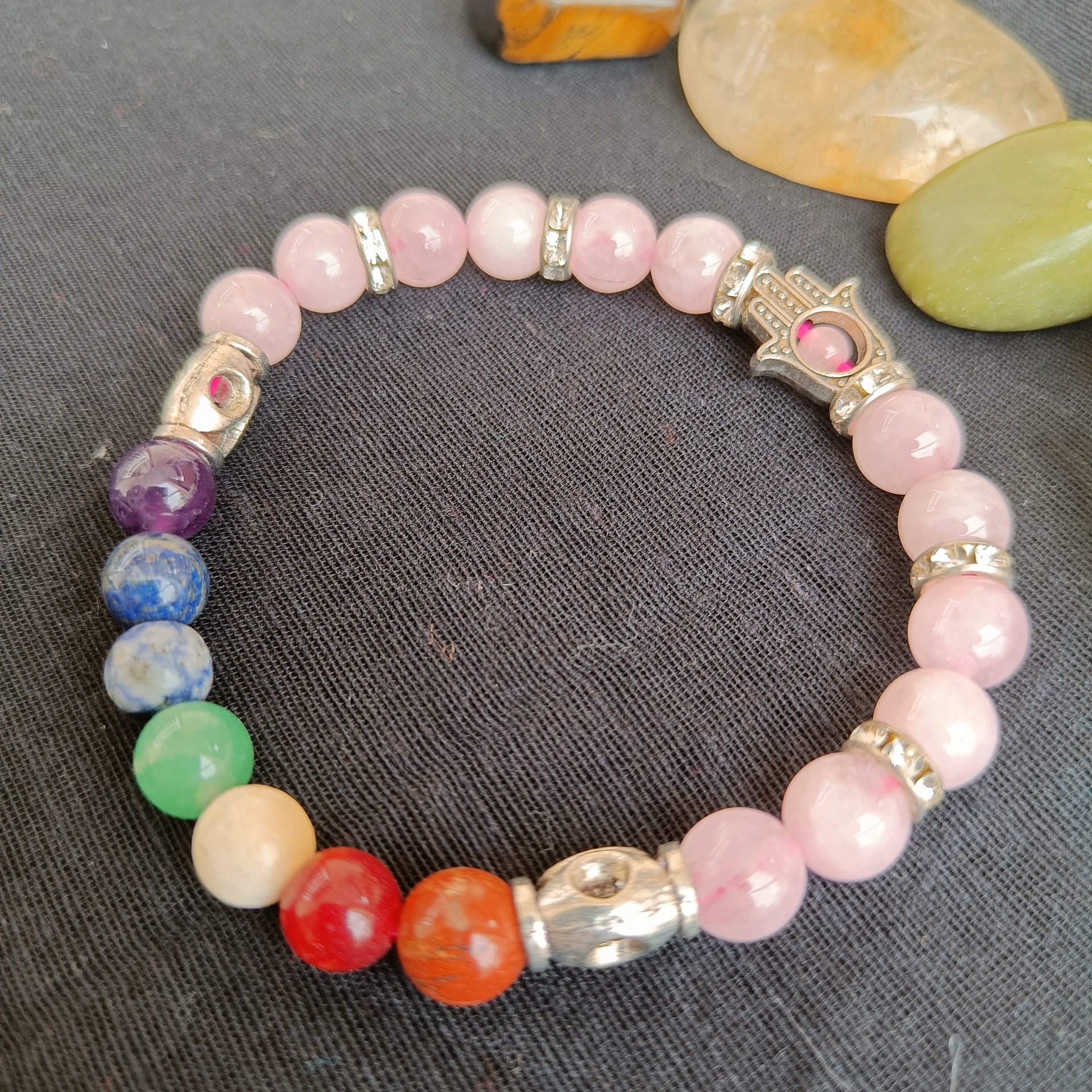 Natural Rose quartz bracelet with 7 chakra natural crystals for relationships, peace and beauty
