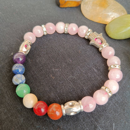 Natural Rose quartz bracelet with 7 chakra natural crystals for relationships, peace and beauty