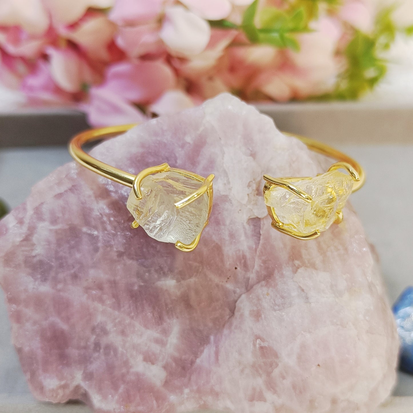 Golden and yellow adjustable stone bangle, citrine cuff bangle with natural stone, yellow stone adjustable bracelet