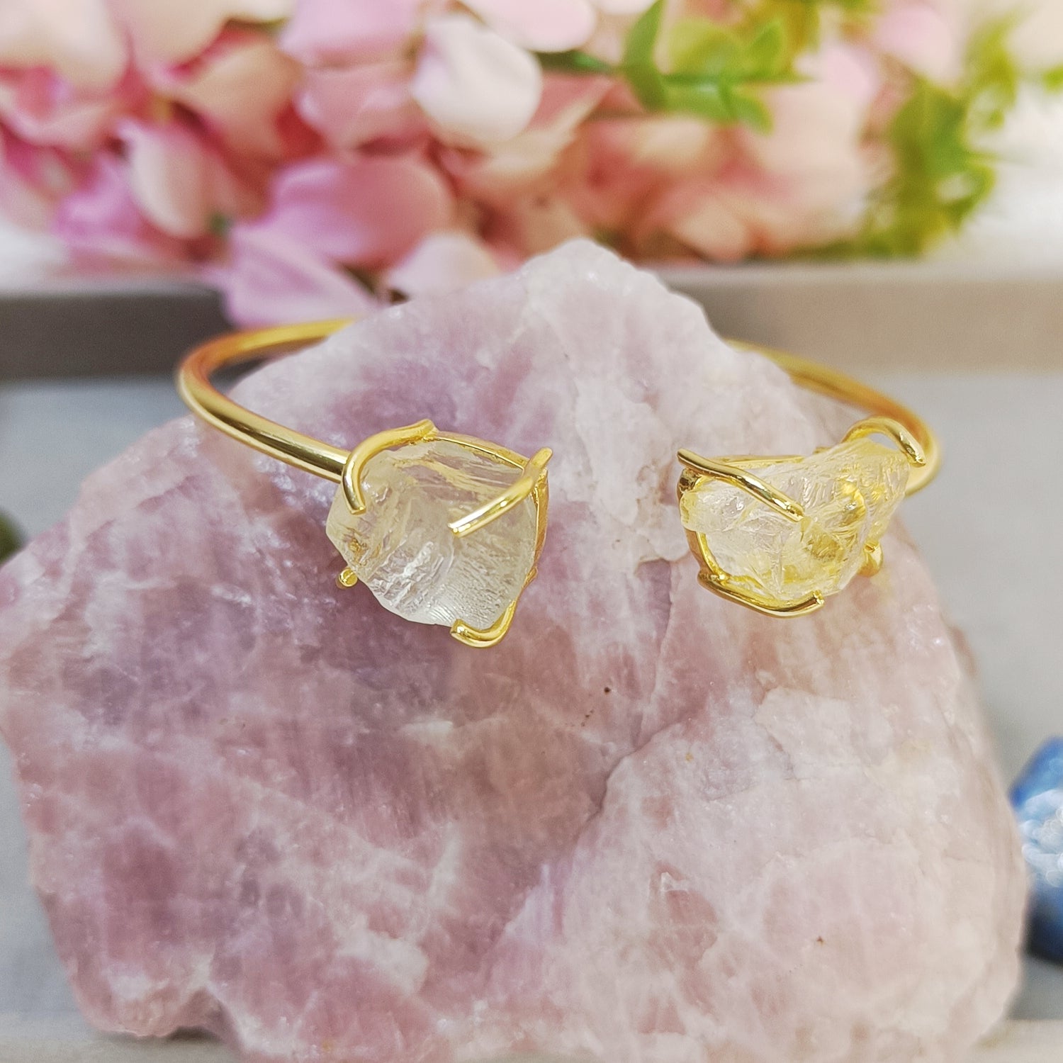 Golden and yellow adjustable stone bangle, citrine cuff bangle with natural stone, yellow stone adjustable bracelet