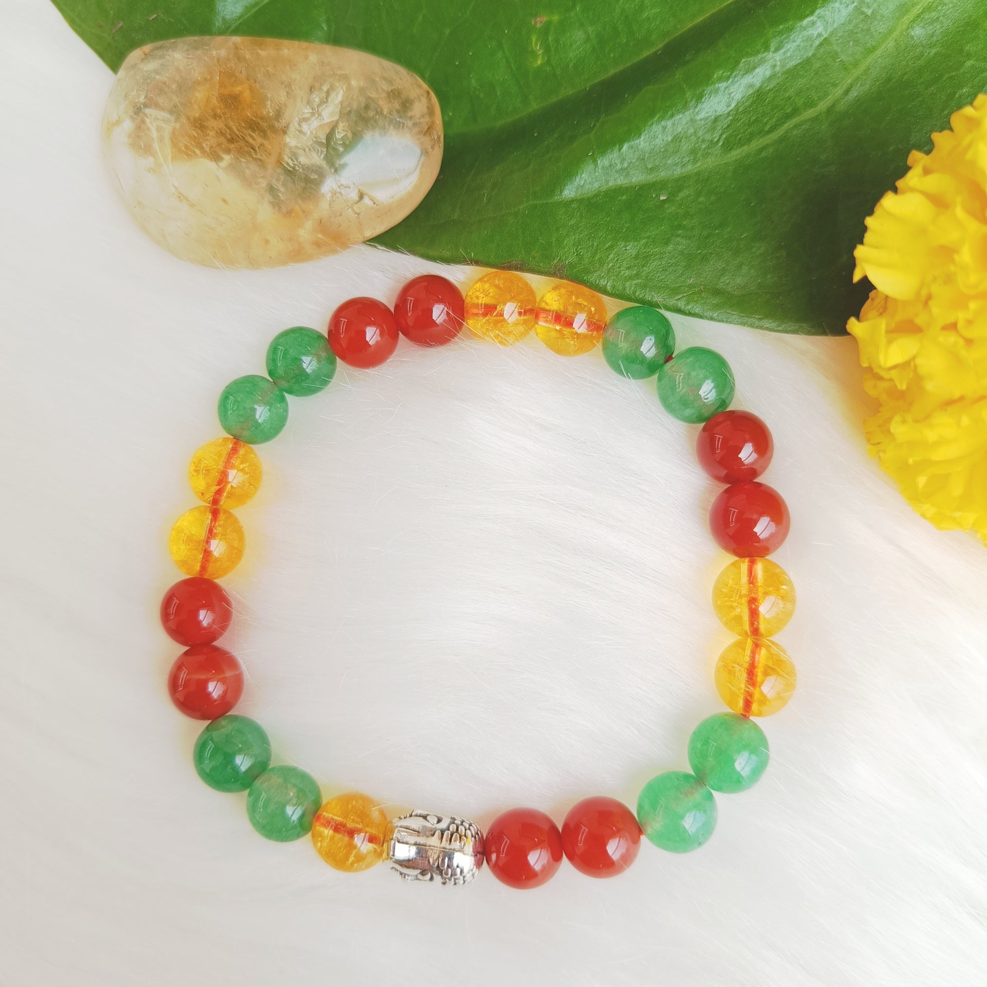 Citrine quartz, carnelian and green aventurine combination bracelet with natural stones and a Buddha bead