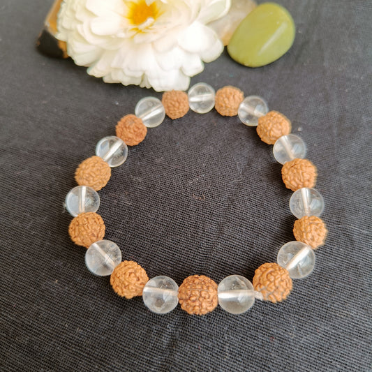 Crystal Rudraksh Bracelet  - Beaded bracelet for spiritual growth - Flat-lay of Rudraksha and Quartz bracelet with pouch and meaning card by Gemsara