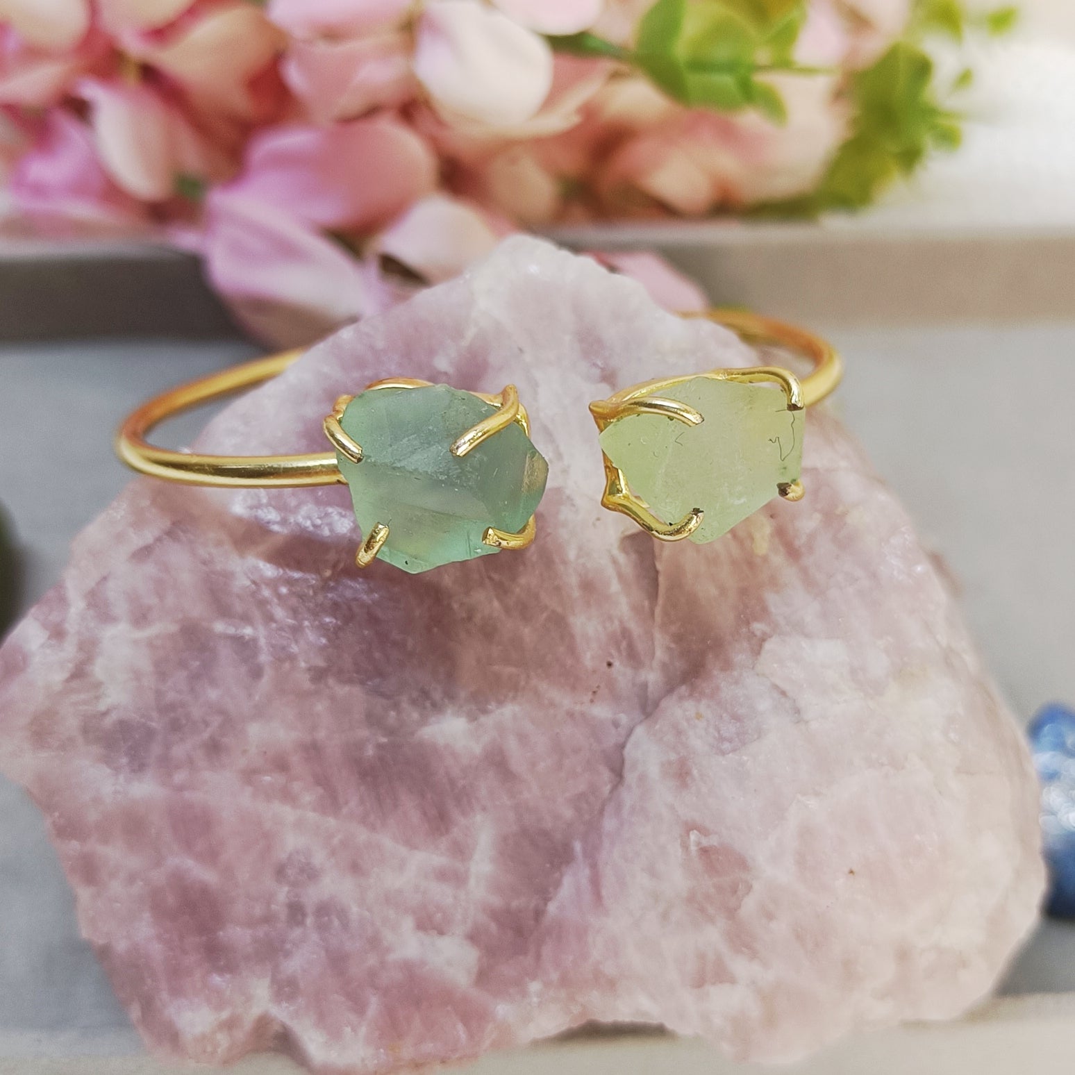 Golden brass cuff bangle with raw Fluorite stone, handcrafted natural crystal jewelry by Gemsara.