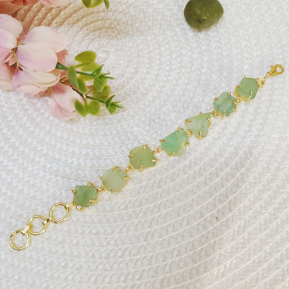 Raw uncut Fluorite bracelet with light green stone, adjustable golden brass jewelry by Gemsara.