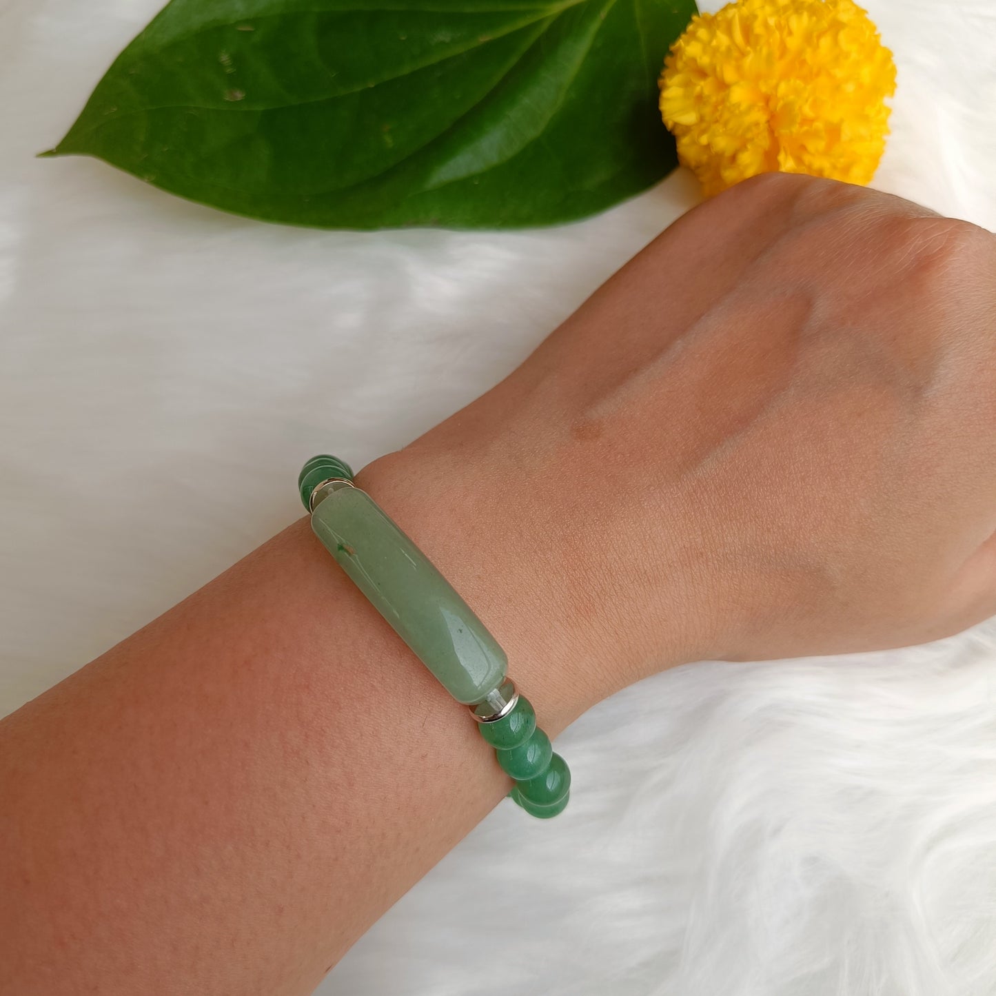 Green Aventurine Bracelet with a Long Bead displayed on wrist
