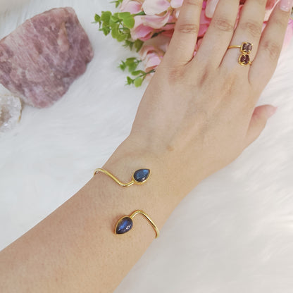 Labradorite Double Stone Adjustable Bangle (Gold-Plated Sterling Silver 925)